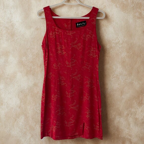 1990s Vintage Red Dragon Print Mini Dress - Picture 1 of 6